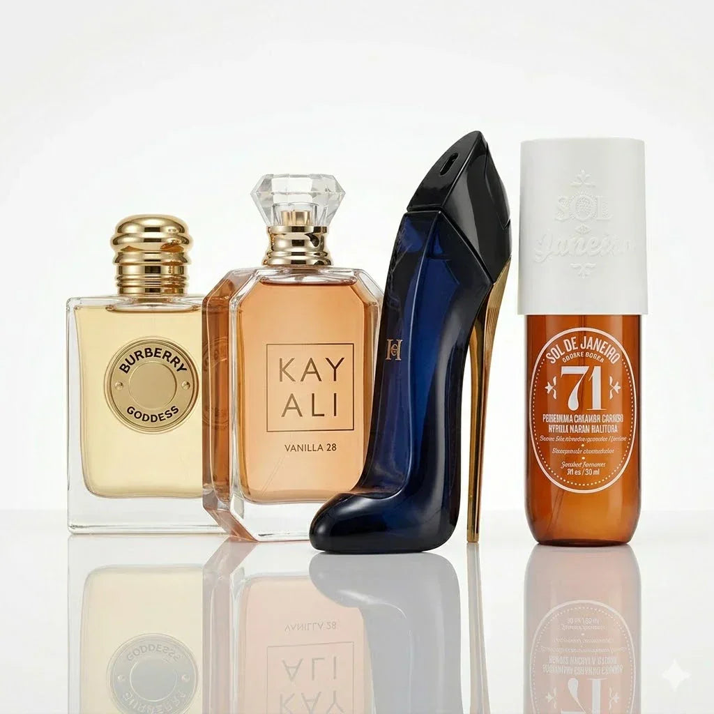 Set de 4 perfumes | Burberry Goddess, Kayali Vanilla 28, CH Good Girl, Sol de Janeiro '71.