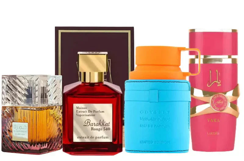 Set de 4 perfumes | Khamrah Dukhan, Yara Candy, Rouge 540, Mandarina Sky